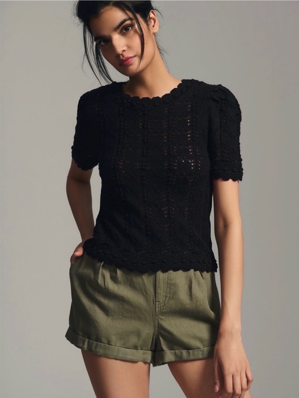 NWT By Anthropologie Black Pointelle CrochetedKnit Top S Romantic Boho
